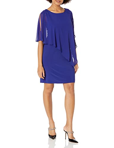 S.L. Fashions Women's Short Sheath Capelet Gown with Asymmetric Overlay, Mother of The Bride Dress (Petite and Regular Sizes)