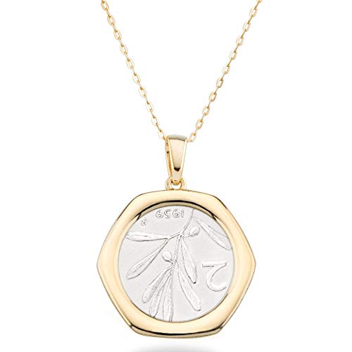 Miabella Italienische Halskette mit Medaillon-Anhänger für Damen, 18 Karat Gold über 925er Sterlingsilber, echte 2-Lira-Bienenmünze, 45,7 cm Kette, hergestellt in Italien