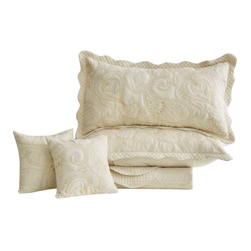 Oversized King Bedspread 128x120 Extra Wide, Paisley Pattern Design, Lightweight Bedding Cover, Reversible, 5 Piece, 100% Microfiber, King/Cal King, Pure White