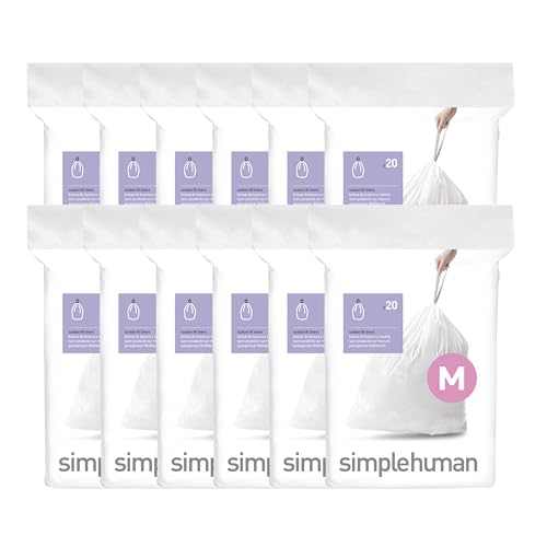 simplehuman Code H 60 Count, Genuine Custom Fit Liners, Drawstring Trash Bags in Dispenser Packs, 30-35 Liter / 8-9.2 Gallon, White