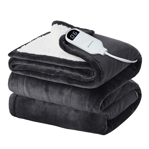 Electric Heated Blanket/Throw - Seamless Flannel Electric Blanket, Heating Blanket with 4 Time Settings & 6 Heat Settings, Warm Blanket Gift for Grandma (50x60 inches, Black)