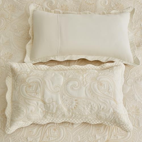 Oversized King Bedspread 128x120 Extra Wide, Paisley Pattern Design, Lightweight Bedding Cover, Reversible, 5 Piece, 100% Microfiber, King/Cal King, Pure White