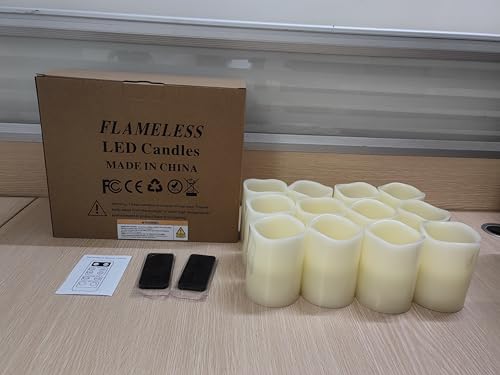 Lot de 12 bougies sans flamme Hausware à piles (D : 3 po x H : 4 po) Bougies piliers en cire véritable vacillantes Bougies LED sans flamme avec télécommande et minuterie (couleur ivoire)