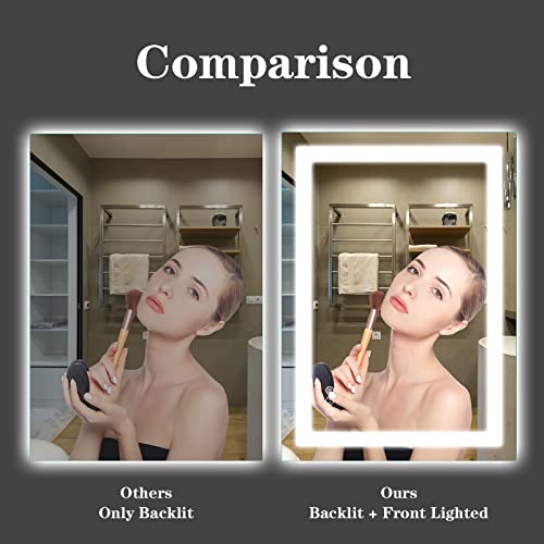 Amorho 20"x 28" LED Bathroom Mirror with Black Frame, Front Light and Backlit(Controlled Separately), Stepless Dimmable, Anti-Fog, Shatter-Proof, 3 Colors, Memory