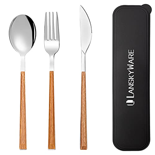 Portable Travel Utensils Set, 18/8 Stainless Steel 3 PCS Cutlery Set Including Knife Fork and Spoon, Reusable Travel Silverware Set with Case for Lunch Box Camping School Office