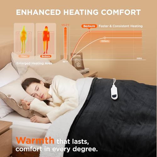 Electric Heated Blanket/Throw - Seamless Flannel Electric Blanket, Heating Blanket with 4 Time Settings & 6 Heat Settings, Warm Blanket Gift for Grandma (50x60 inches, Black)