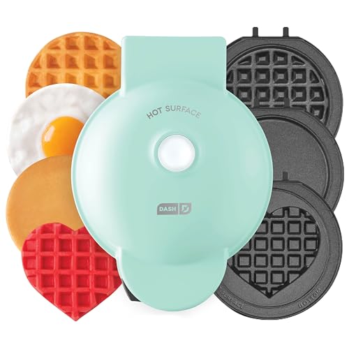 DASH Holiday Multimaker Mini System - Waffle Maker with Six 4” Removable Holiday Plates: Waffle Iron & Griddle, 4-in-1 Mini Waffle Maker for Kids and Families – Nonstick Surface, Santa Waffle (Red)