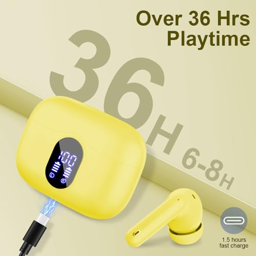 Wireless Earbuds Bluetooth 5.4 Headphones Bass Stereo Ear Buds with Noise Cancelling Mic LED Display in Ear Earphones IP7 Waterproof 36H Playtime for Laptop Pad Phones Sports Workout White
