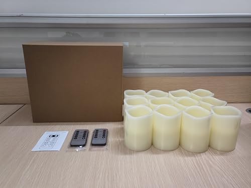 Lot de 12 bougies sans flamme Hausware à piles (D : 3 po x H : 4 po) Bougies piliers en cire véritable vacillantes Bougies LED sans flamme avec télécommande et minuterie (couleur ivoire)