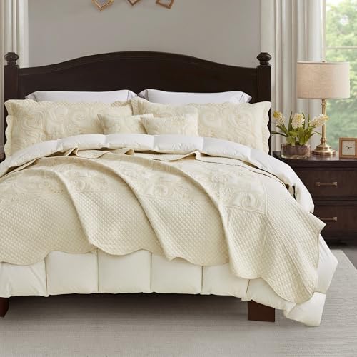 Oversized King Bedspread 128x120 Extra Wide, Paisley Pattern Design, Lightweight Bedding Cover, Reversible, 5 Piece, 100% Microfiber, King/Cal King, Pure White