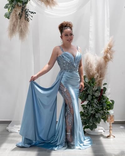 Robe de soirée longue en satin à col en V et en dentelle style sirène avec fente et plissée, robe de soirée moulante formelle avec queue