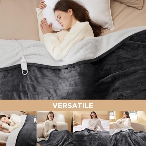 Electric Heated Blanket/Throw - Seamless Flannel Electric Blanket, Heating Blanket with 4 Time Settings & 6 Heat Settings, Warm Blanket Gift for Grandma (50x60 inches, Black)