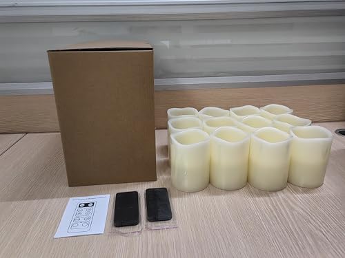 Lot de 12 bougies sans flamme Hausware à piles (D : 3 po x H : 4 po) Bougies piliers en cire véritable vacillantes Bougies LED sans flamme avec télécommande et minuterie (couleur ivoire)