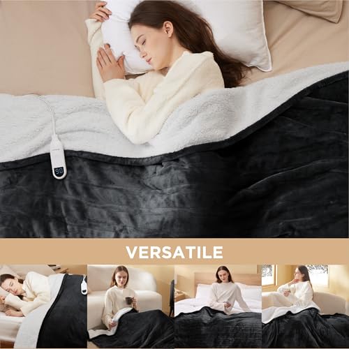Electric Heated Blanket/Throw - Seamless Flannel Electric Blanket, Heating Blanket with 4 Time Settings & 6 Heat Settings, Warm Blanket Gift for Grandma (50x60 inches, Black)