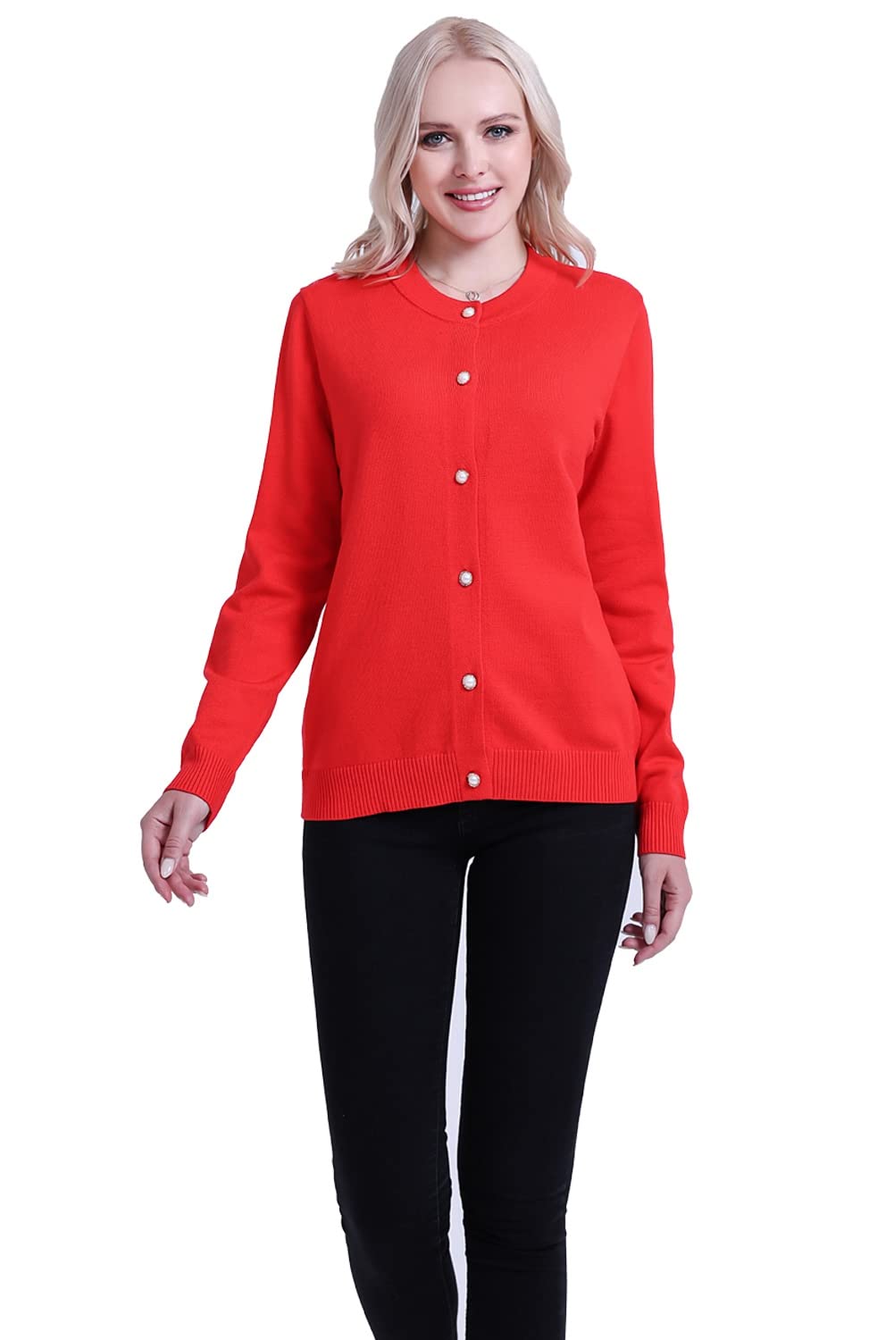 SMILING PINKER Women Cardigan Sweater Crewneck Pearl Button Knitted Tops Medium Weight