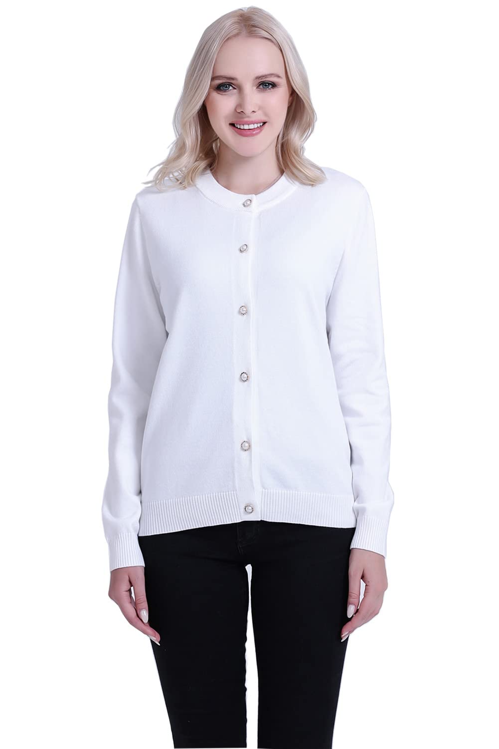 SMILING PINKER Women Cardigan Sweater Crewneck Pearl Button Knitted Tops Medium Weight