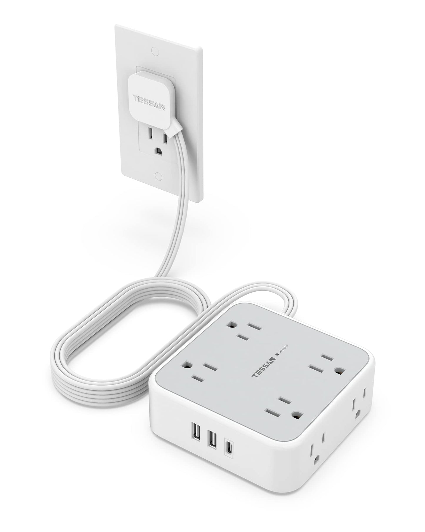 Surge Protector Flat Extension Cord Flat Plug Power Strip, 8 AC Outlets, 3 USB Charger(1 USB C Port) 3-Sided Outlet Extender, 5 Ft, 900 Joules Protection