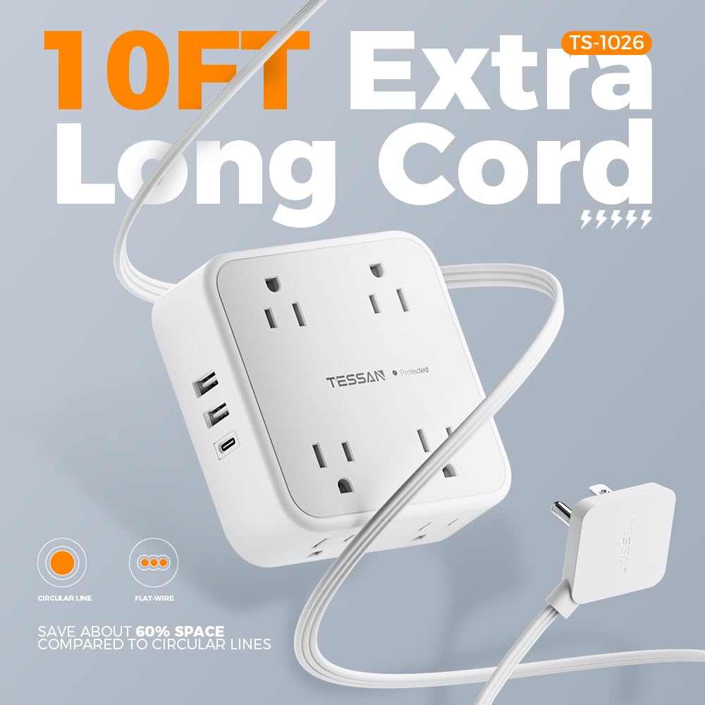 Surge Protector Flat Extension Cord Flat Plug Power Strip, 8 AC Outlets, 3 USB Charger(1 USB C Port) 3-Sided Outlet Extender, 5 Ft, 900 Joules Protection