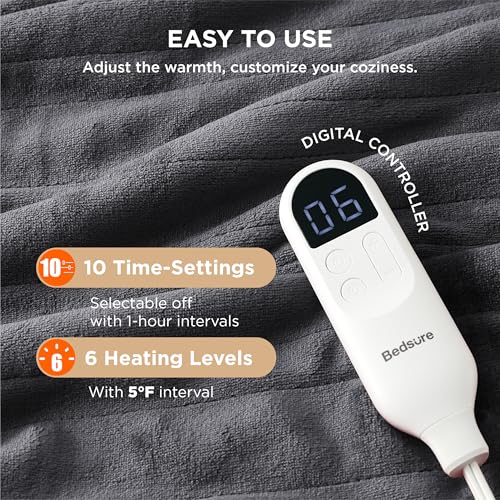 Electric Heated Blanket/Throw - Seamless Flannel Electric Blanket, Heating Blanket with 4 Time Settings & 6 Heat Settings, Warm Blanket Gift for Grandma (50x60 inches, Black)