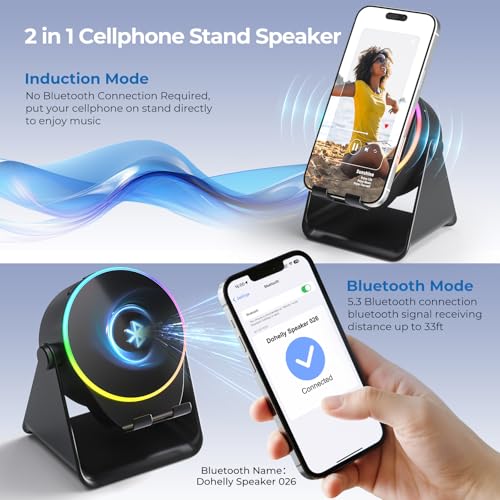 Dohelly Wireless Induction Speaker with Phone Stand & RGB Light, No Bluetooth Needed, Compatible with iPhone, Android, Tablets – Black