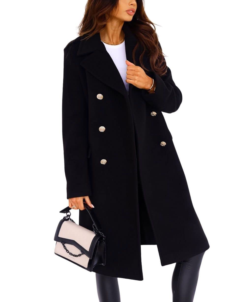 chouyatou Damen Wintermantel mit Revers, zweireihig, für Büro und Arbeit, lang, Wolle, Peacoat
