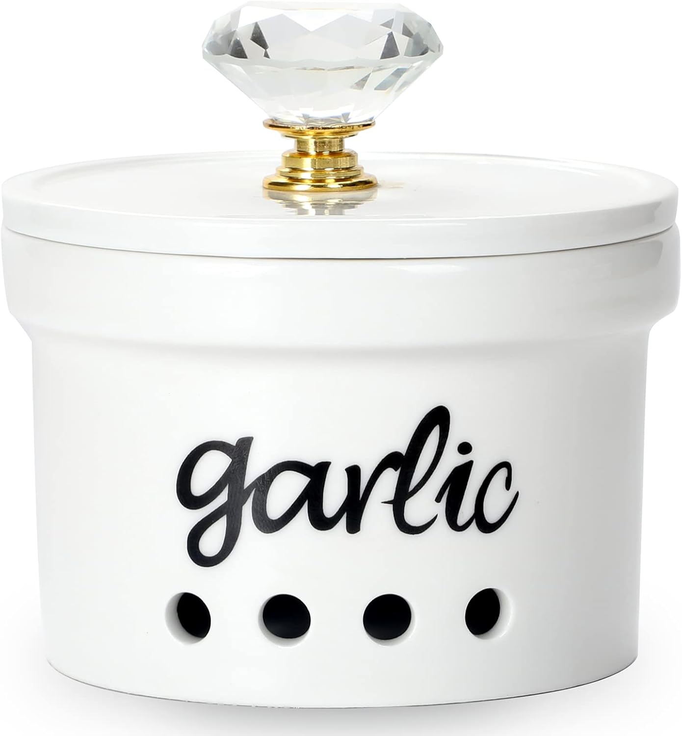 HAOTOP Garlic Keeper with Crystal Lid, 12.5 oz Ceramic Garlic Saver Container for Countertop, Farmhouse Kitchen Decor (Silver)