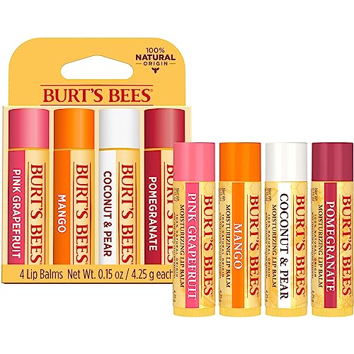 Lip Balm - Beeswax, Strawberry, Coconut and Pear, and Vanilla Bean, With Responsibly Sourced Beeswax, Tint-Free, Natural Origin Lip Treatment, 4 Tubes, 0.15 oz.