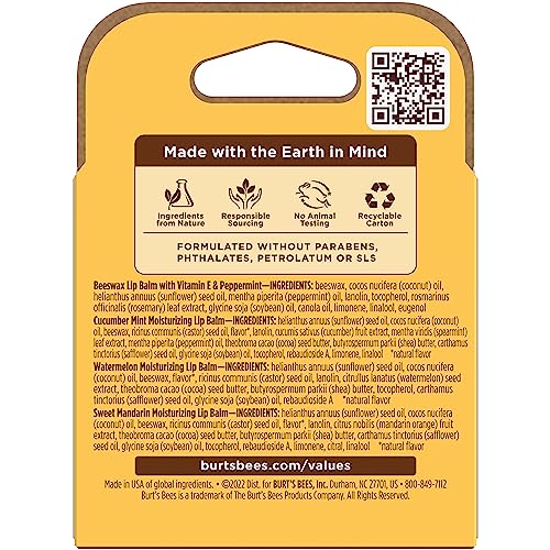 Lip Balm - Beeswax, Strawberry, Coconut and Pear, and Vanilla Bean, With Responsibly Sourced Beeswax, Tint-Free, Natural Origin Lip Treatment, 4 Tubes, 0.15 oz.