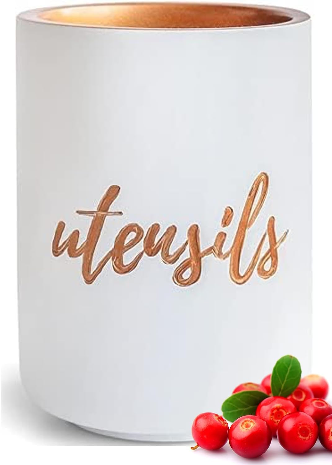 Ensemble d'ustensiles de cuisine en bois – Ensemble de 8 pièces comprenant des ustensiles de cuisine en bois et en or, un porte-ustensiles blanc et un repose-cuillère en bois – Ustensiles de cuisine durables et élégants pour cuisiner et servir