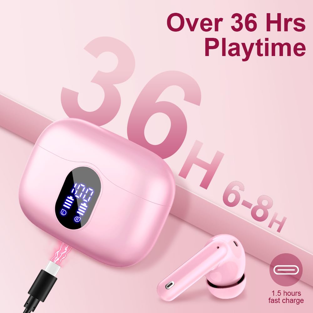 Wireless Earbuds Bluetooth 5.4 Headphones Bass Stereo Ear Buds with Noise Cancelling Mic LED Display in Ear Earphones IP7 Waterproof 36H Playtime for Laptop Pad Phones Sports Workout White