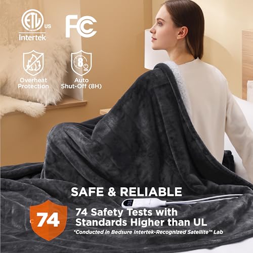 Electric Heated Blanket/Throw - Seamless Flannel Electric Blanket, Heating Blanket with 4 Time Settings & 6 Heat Settings, Warm Blanket Gift for Grandma (50x60 inches, Black)