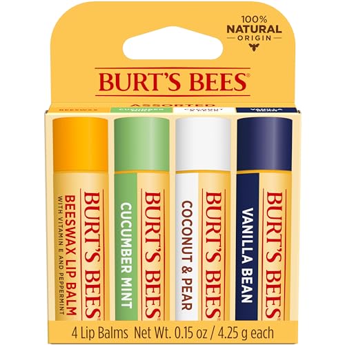Lip Balm - Beeswax, Strawberry, Coconut and Pear, and Vanilla Bean, With Responsibly Sourced Beeswax, Tint-Free, Natural Origin Lip Treatment, 4 Tubes, 0.15 oz.
