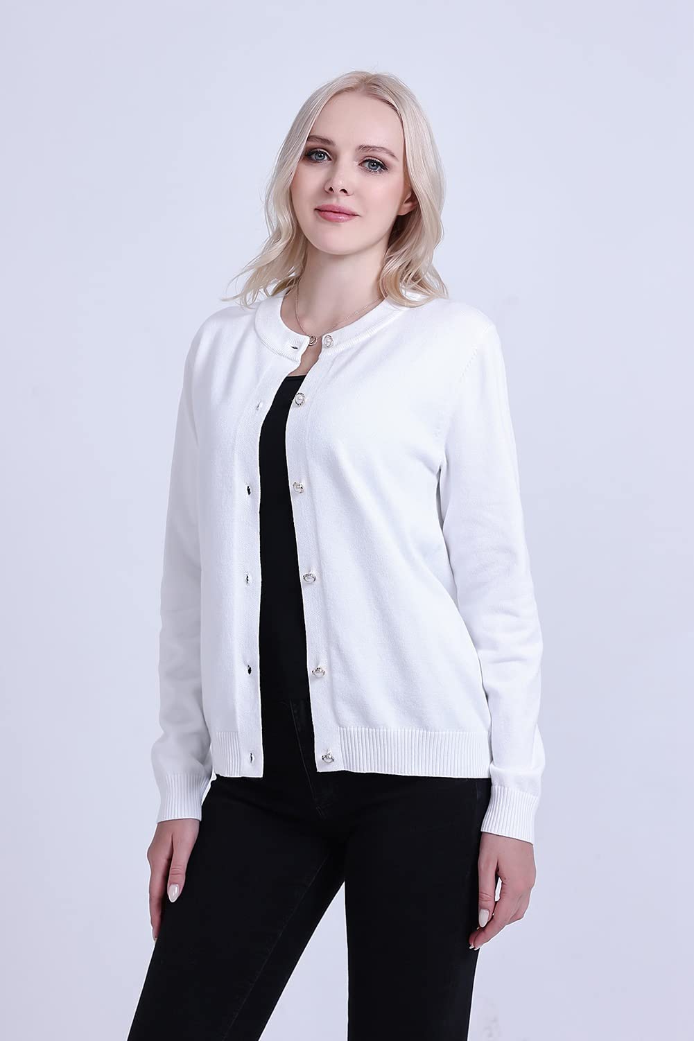 SMILING PINKER Women Cardigan Sweater Crewneck Pearl Button Knitted Tops Medium Weight