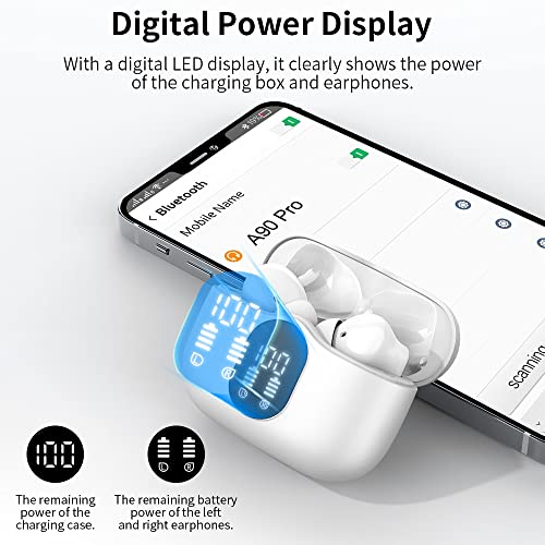 Wireless Earbuds Bluetooth 5.4 Headphones Bass Stereo Ear Buds with Noise Cancelling Mic LED Display in Ear Earphones IP7 Waterproof 36H Playtime for Laptop Pad Phones Sports Workout White