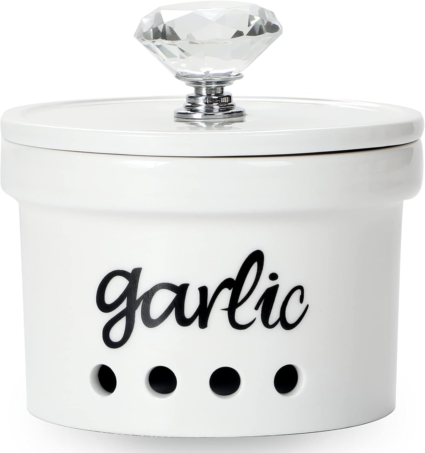 HAOTOP Garlic Keeper with Crystal Lid, 12.5 oz Ceramic Garlic Saver Container for Countertop, Farmhouse Kitchen Decor (Silver)