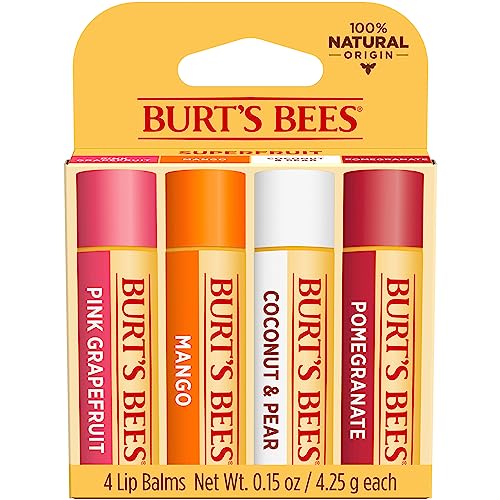 Lip Balm - Beeswax, Strawberry, Coconut and Pear, and Vanilla Bean, With Responsibly Sourced Beeswax, Tint-Free, Natural Origin Lip Treatment, 4 Tubes, 0.15 oz.