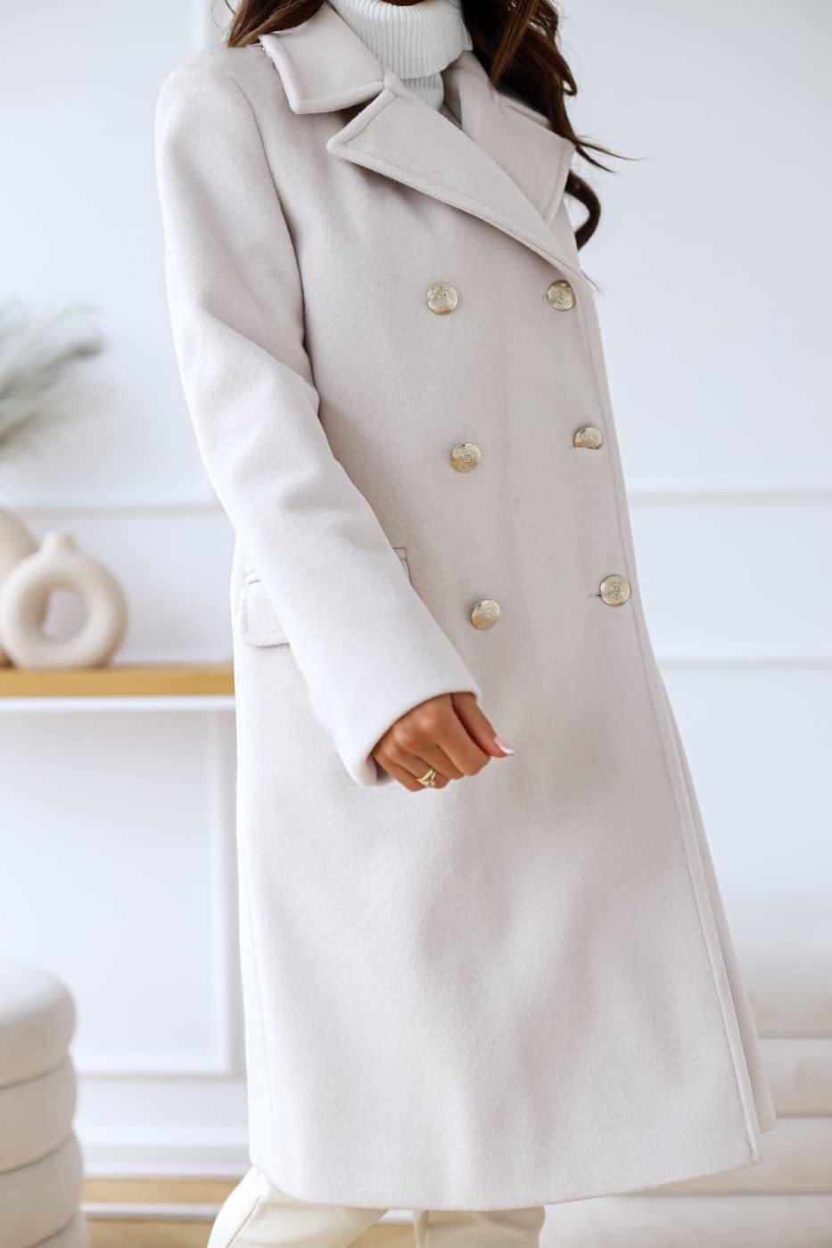 chouyatou Damen Wintermantel mit Revers, zweireihig, für Büro und Arbeit, lang, Wolle, Peacoat