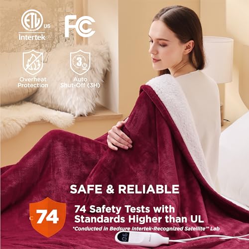 Electric Heated Blanket/Throw - Seamless Flannel Electric Blanket, Heating Blanket with 4 Time Settings & 6 Heat Settings, Warm Blanket Gift for Grandma (50x60 inches, Black)