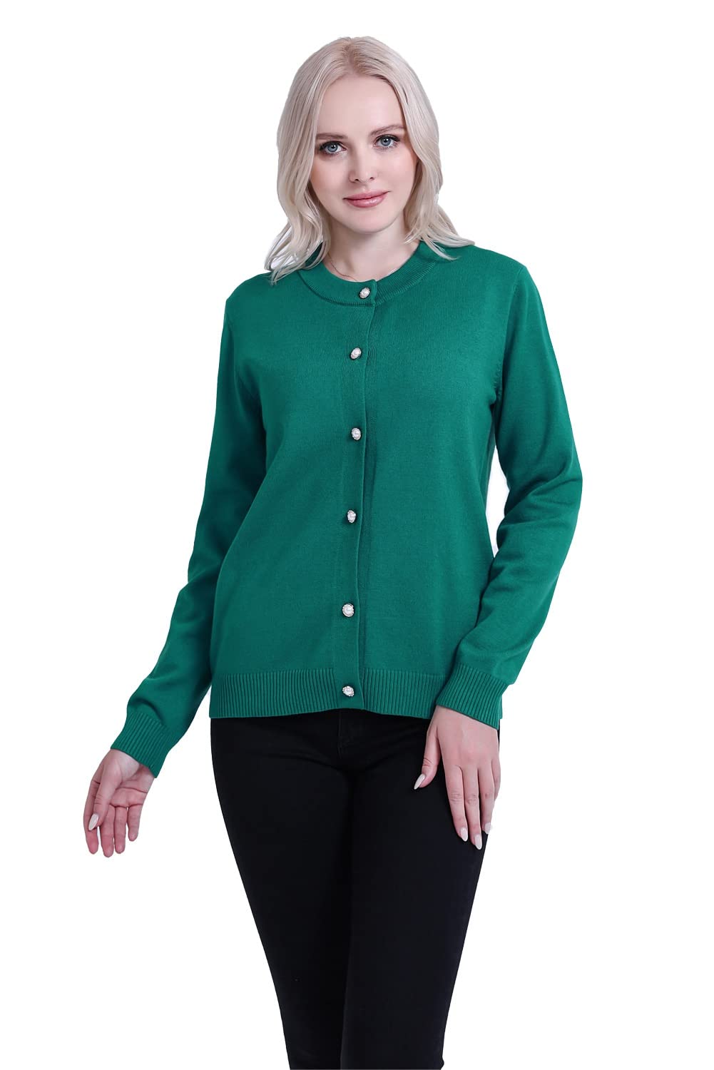 SMILING PINKER Women Cardigan Sweater Crewneck Pearl Button Knitted Tops Medium Weight