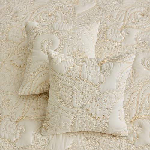 Oversized King Bedspread 128x120 Extra Wide, Paisley Pattern Design, Lightweight Bedding Cover, Reversible, 5 Piece, 100% Microfiber, King/Cal King, Pure White