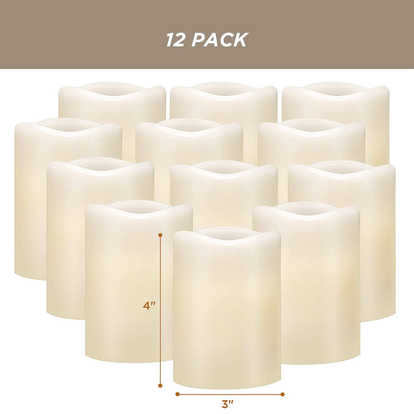 Lot de 12 bougies sans flamme Hausware à piles (D : 3 po x H : 4 po) Bougies piliers en cire véritable vacillantes Bougies LED sans flamme avec télécommande et minuterie (couleur ivoire)