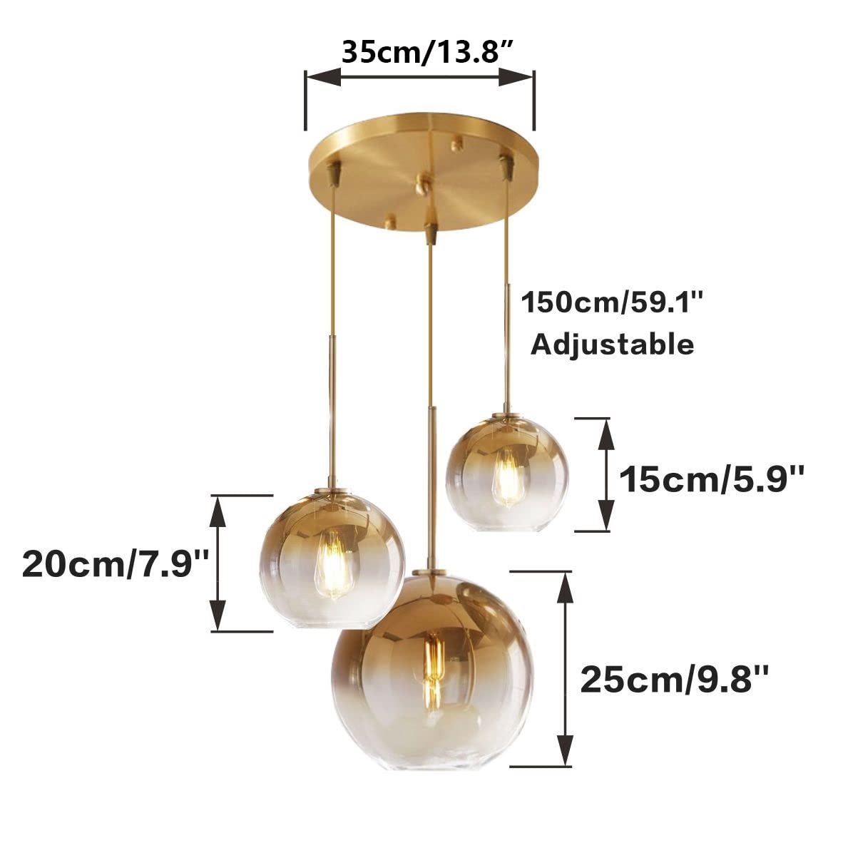 KCO Lighting Gold Cluster Pendelleuchte 3-flammige Cluster Pendelleuchte Große Glaspendelleuchten Kücheninsel Bubble Globe Kronleuchter Mid Century Modern Hängeleuchte