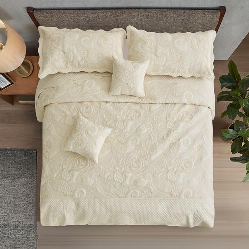 Oversized King Bedspread 128x120 Extra Wide, Paisley Pattern Design, Lightweight Bedding Cover, Reversible, 5 Piece, 100% Microfiber, King/Cal King, Pure White