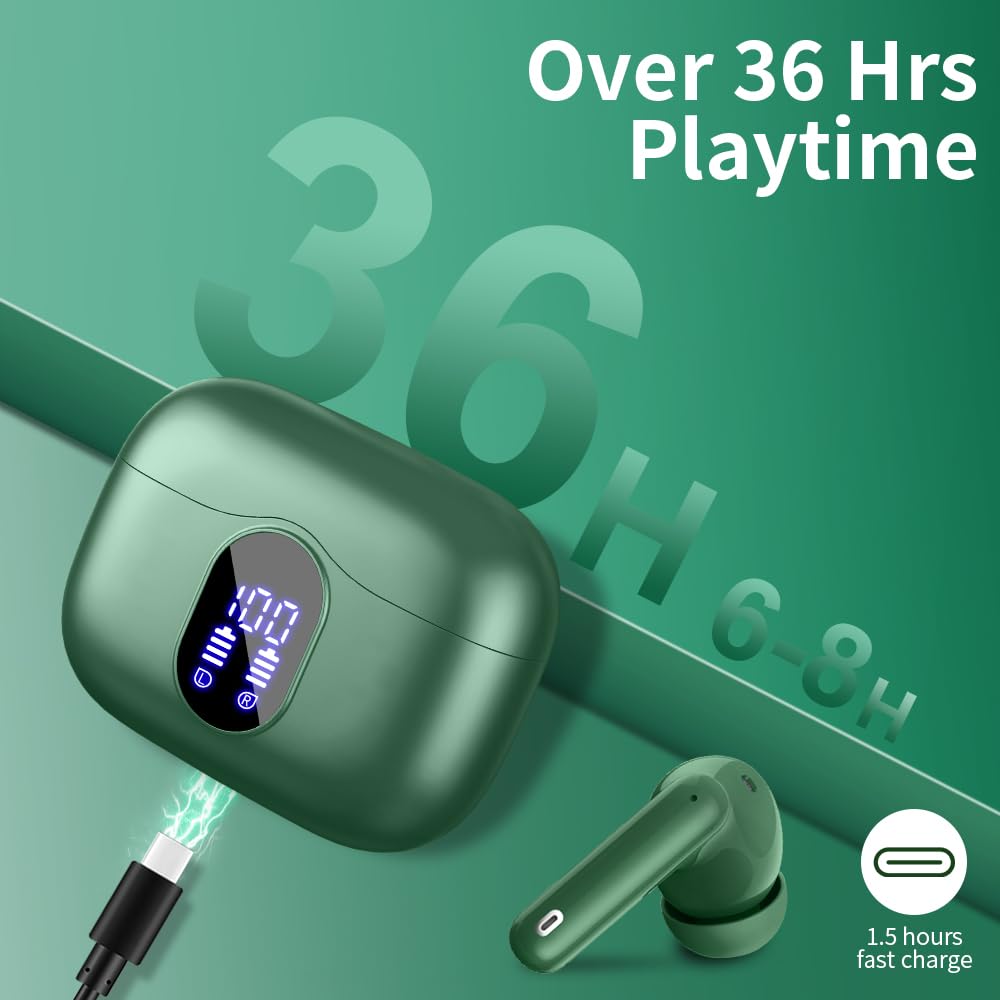 Wireless Earbuds Bluetooth 5.4 Headphones Bass Stereo Ear Buds with Noise Cancelling Mic LED Display in Ear Earphones IP7 Waterproof 36H Playtime for Laptop Pad Phones Sports Workout White