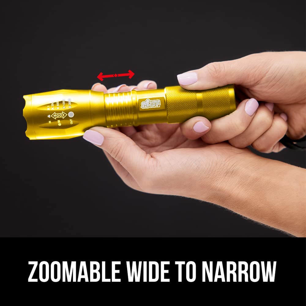 Gorilla Grip Leistungsstarke LED-Taschenlampe, 237 m, wasserfest, 5 einstellbare Modi, taktische Taschenlampe, hohe Lumen, ultrahelle Akku-Zoom-Taschenlampen, kleines Mini-Taschenlampen-Zubehör fürs Campingauto, 2er-Pack, Gold
