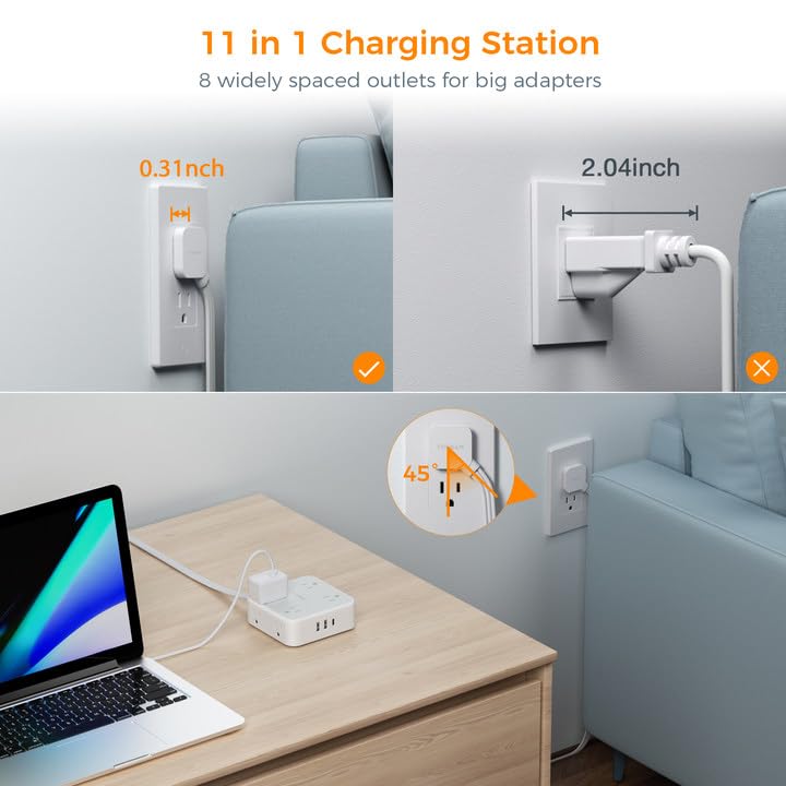 Surge Protector Flat Extension Cord Flat Plug Power Strip, 8 AC Outlets, 3 USB Charger(1 USB C Port) 3-Sided Outlet Extender, 5 Ft, 900 Joules Protection