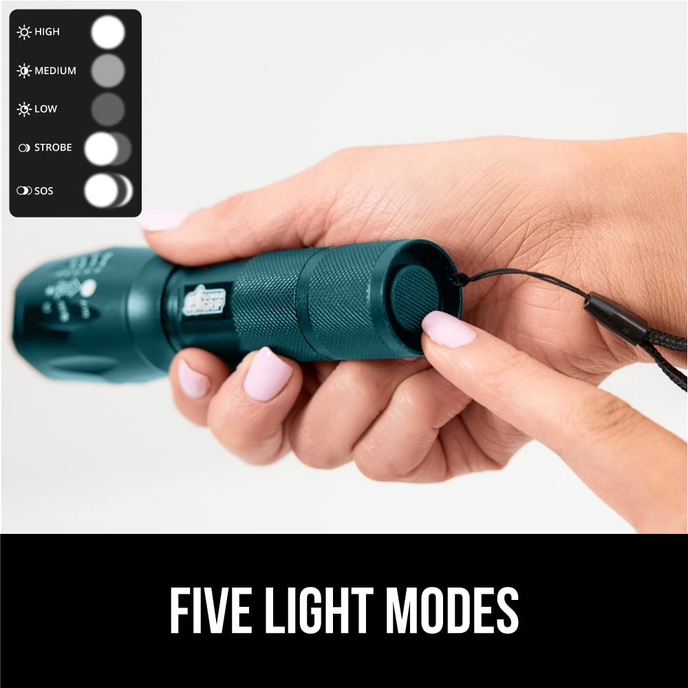 Gorilla Grip Leistungsstarke LED-Taschenlampe, 237 m, wasserfest, 5 einstellbare Modi, taktische Taschenlampe, hohe Lumen, ultrahelle Akku-Zoom-Taschenlampen, kleines Mini-Taschenlampen-Zubehör fürs Campingauto, 2er-Pack, Gold