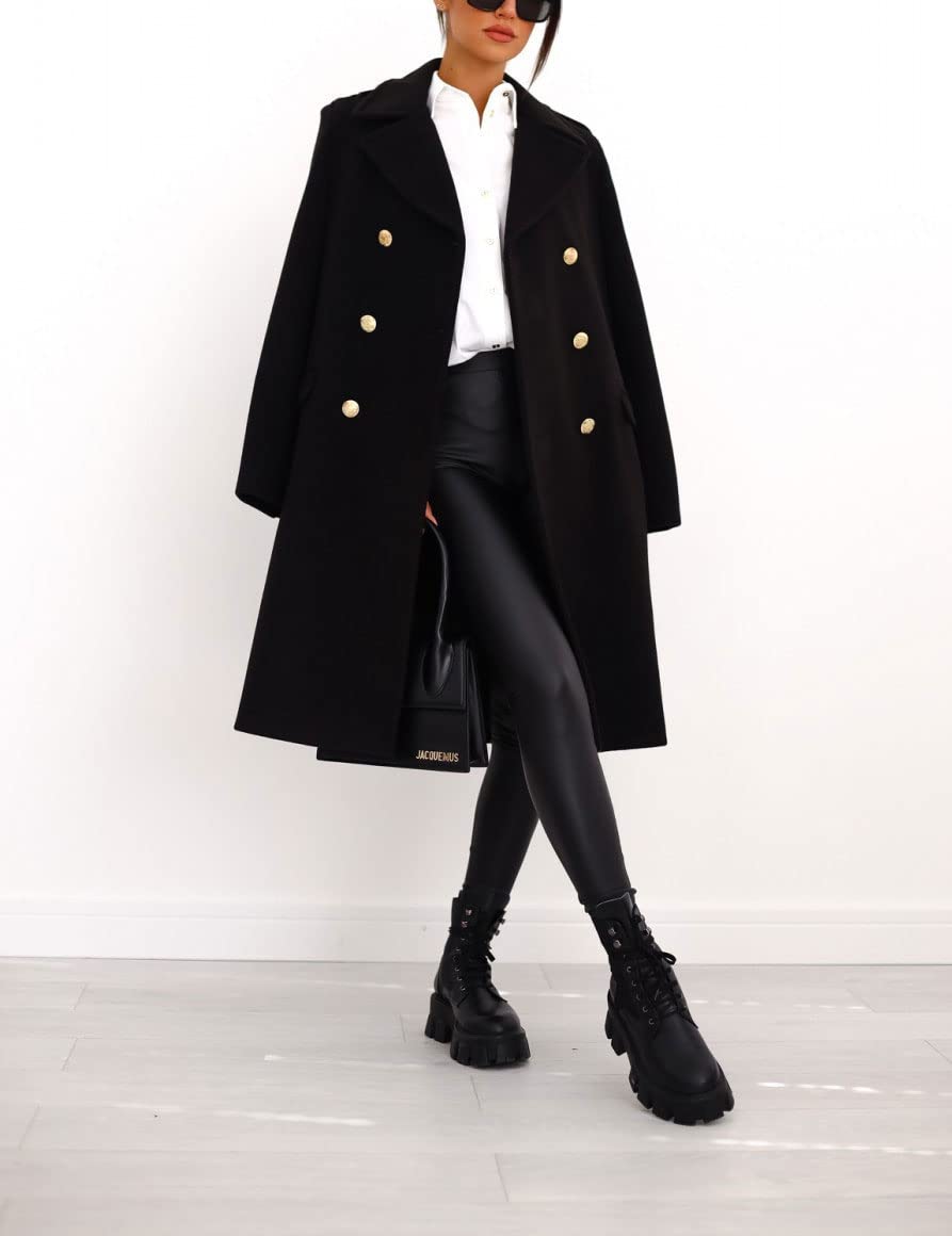 chouyatou Damen Wintermantel mit Revers, zweireihig, für Büro und Arbeit, lang, Wolle, Peacoat