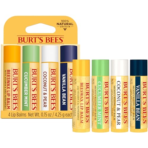 Lip Balm - Beeswax, Strawberry, Coconut and Pear, and Vanilla Bean, With Responsibly Sourced Beeswax, Tint-Free, Natural Origin Lip Treatment, 4 Tubes, 0.15 oz.