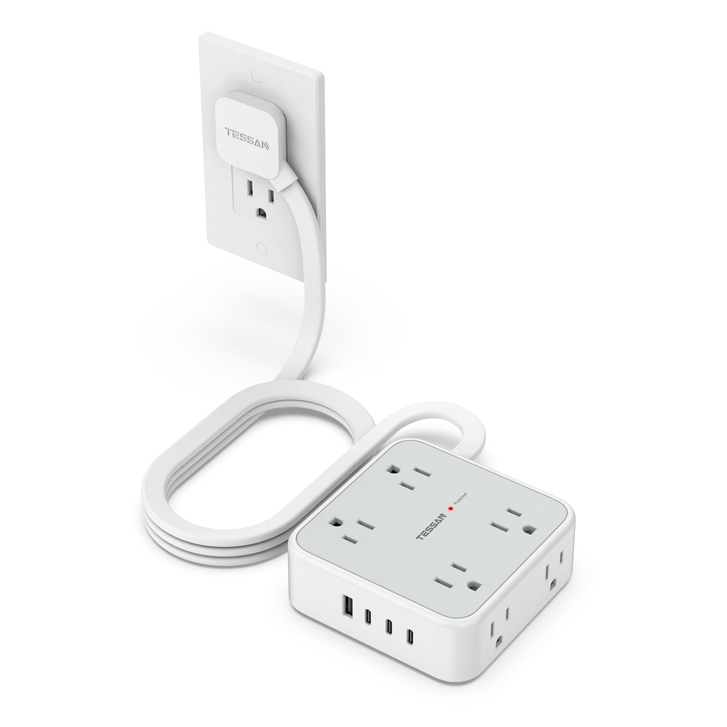Surge Protector Flat Extension Cord Flat Plug Power Strip, 8 AC Outlets, 3 USB Charger(1 USB C Port) 3-Sided Outlet Extender, 5 Ft, 900 Joules Protection